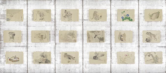 京洛三十六家山水花鳥人物図貼交屏風 左隻